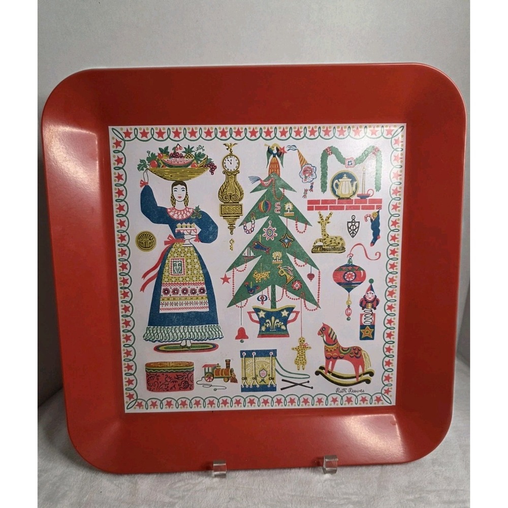 Ruth Reeves Christmas Tray‎ Red Melamine MCM 1954 Waverly Products Vintage